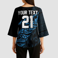 New Zealand Lawn Bowls Custom Kimono Sleeve Blouse Blue Maori Warrior Tribal Silver Fern LT9 - Polynesian Pride