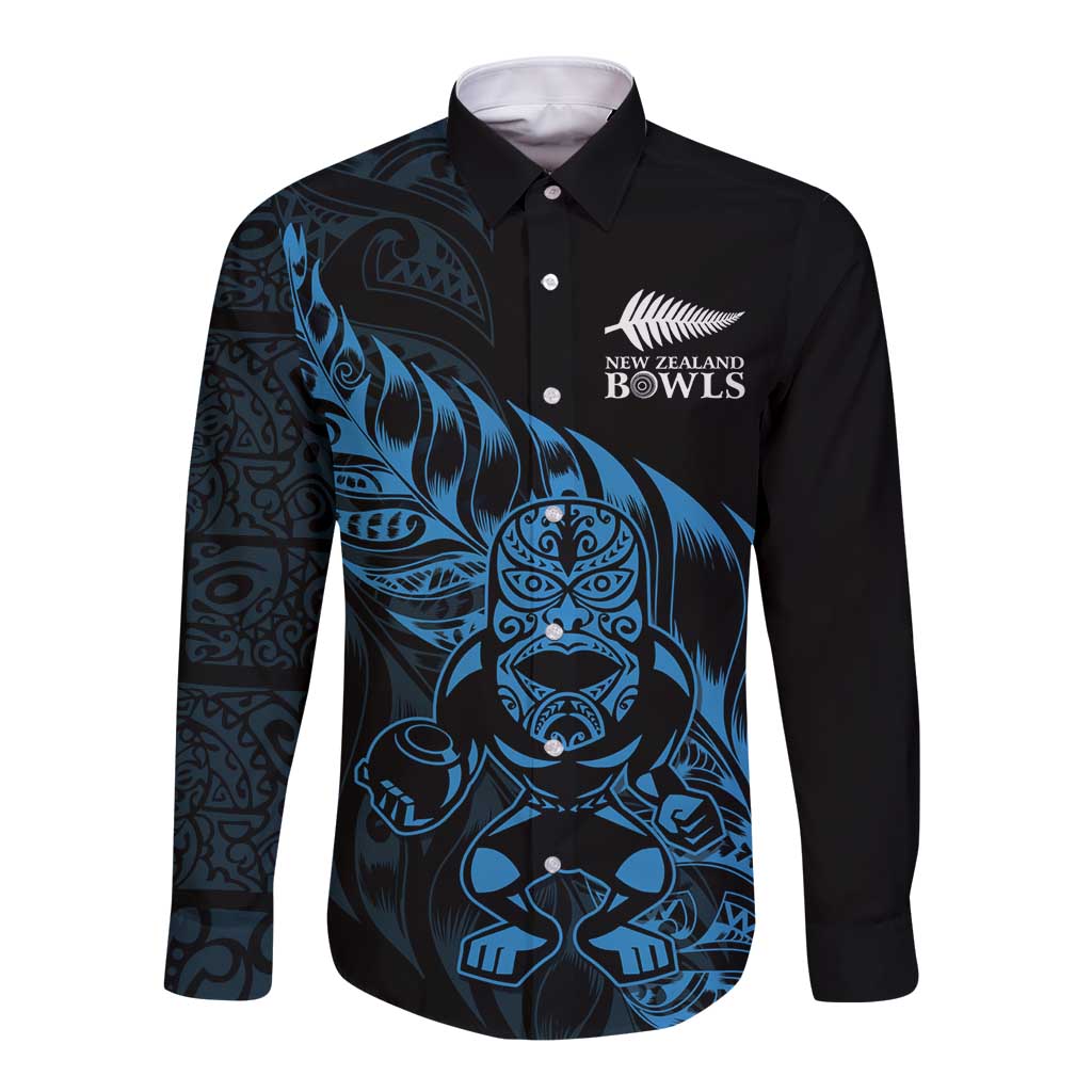 New Zealand Lawn Bowls Custom Long Sleeve Button Shirt Blue Maori Warrior Tribal Silver Fern LT9 Unisex Blue - Polynesian Pride