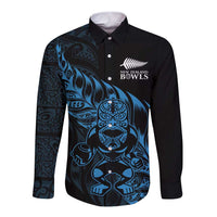 New Zealand Lawn Bowls Custom Long Sleeve Button Shirt Blue Maori Warrior Tribal Silver Fern LT9 Unisex Blue - Polynesian Pride