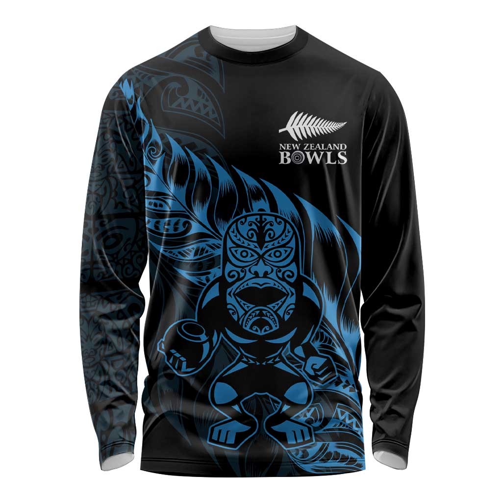 New Zealand Lawn Bowls Custom Long Sleeve Shirt Blue Maori Warrior Tribal Silver Fern - Polynesian Pride