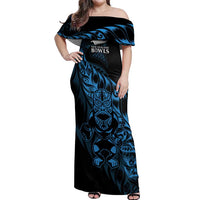New Zealand Lawn Bowls Custom Off Shoulder Maxi Dress Blue Maori Warrior Tribal Silver Fern LT9 Women Blue - Polynesian Pride
