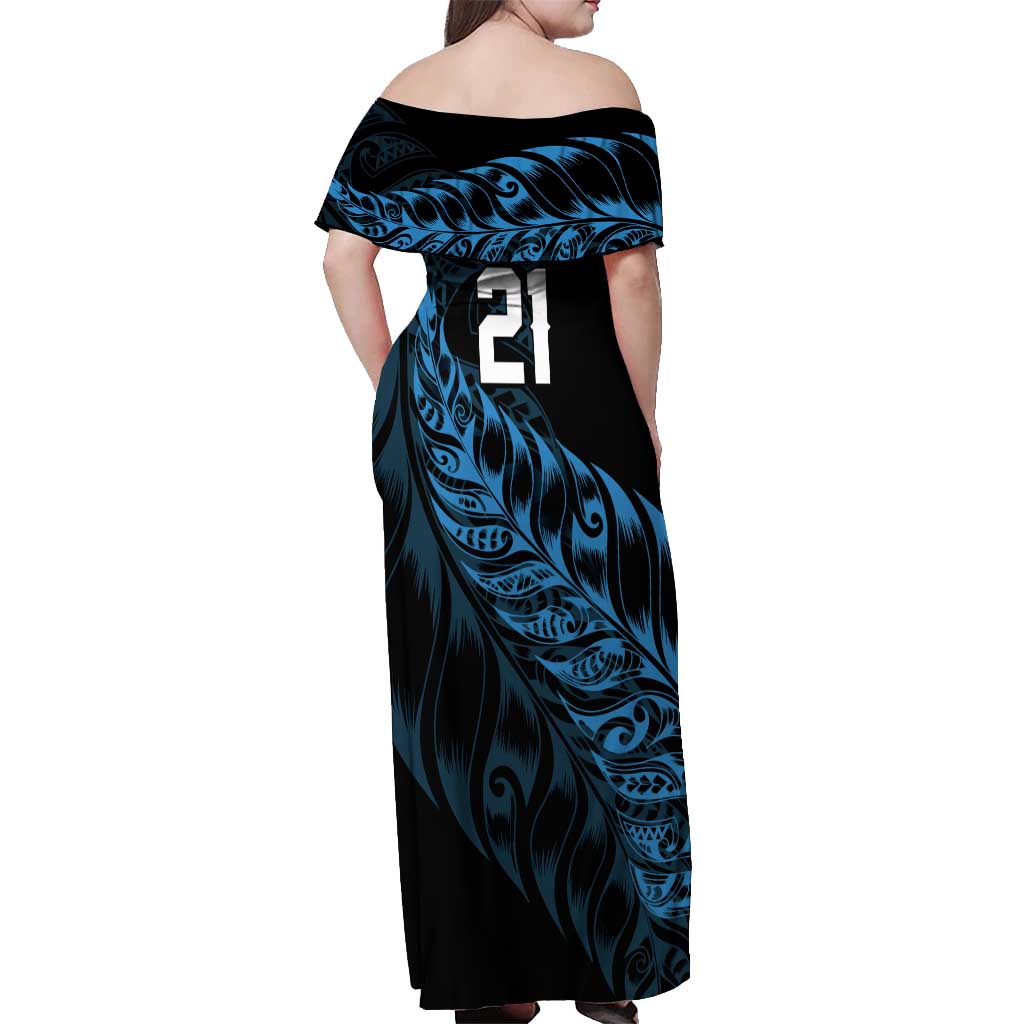 New Zealand Lawn Bowls Custom Off Shoulder Maxi Dress Blue Maori Warrior Tribal Silver Fern LT9 - Polynesian Pride
