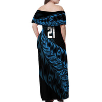 New Zealand Lawn Bowls Custom Off Shoulder Maxi Dress Blue Maori Warrior Tribal Silver Fern LT9 - Polynesian Pride