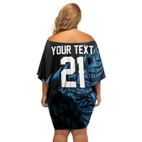 New Zealand Lawn Bowls Custom Off Shoulder Short Dress Blue Maori Warrior Tribal Silver Fern LT9 - Polynesian Pride