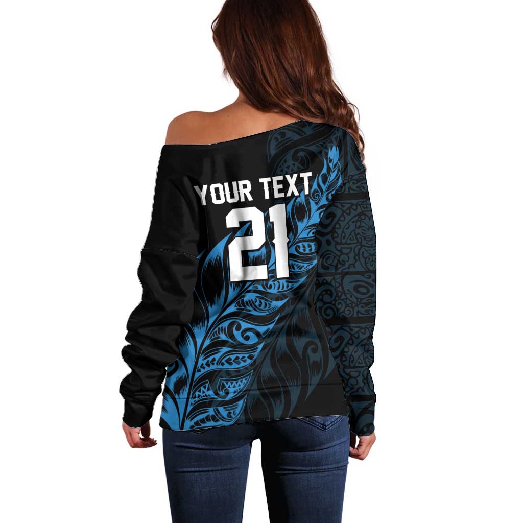 New Zealand Lawn Bowls Custom Off Shoulder Sweater Blue Maori Warrior Tribal Silver Fern LT9 - Polynesian Pride