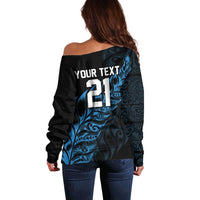 New Zealand Lawn Bowls Custom Off Shoulder Sweater Blue Maori Warrior Tribal Silver Fern LT9 - Polynesian Pride