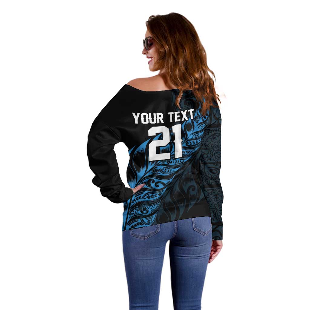 New Zealand Lawn Bowls Custom Off Shoulder Sweater Blue Maori Warrior Tribal Silver Fern LT9 - Polynesian Pride