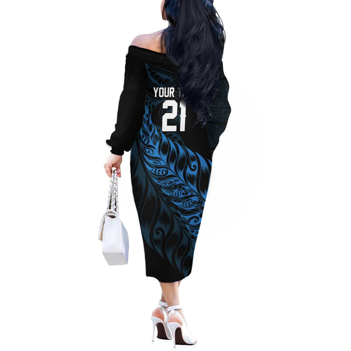 New Zealand Lawn Bowls Custom Off The Shoulder Long Sleeve Dress Blue Maori Warrior Tribal Silver Fern LT9 - Polynesian Pride