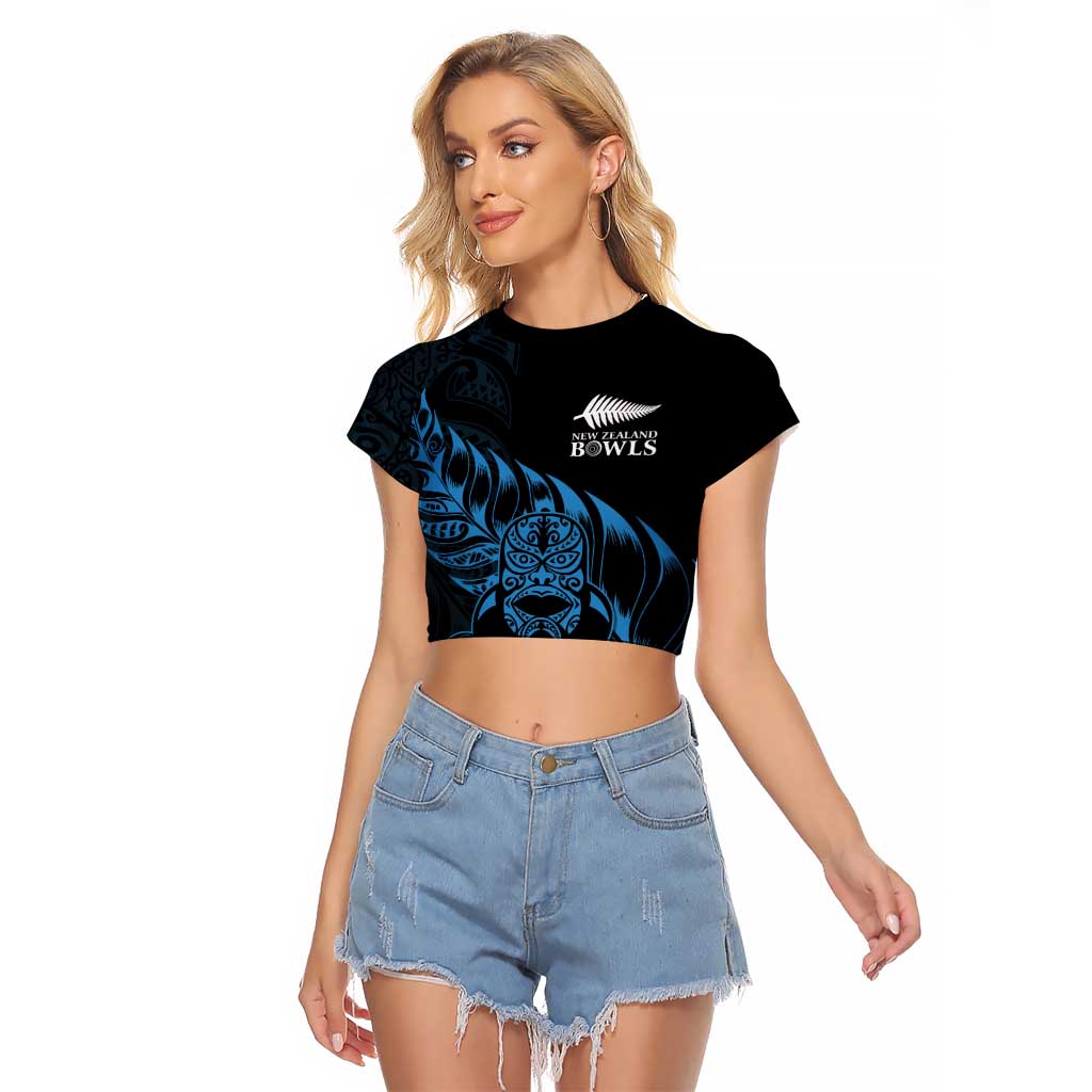 New Zealand Lawn Bowls Custom Raglan Cropped T Shirt Blue Maori Warrior Tribal Silver Fern LT9 Female Blue - Polynesian Pride