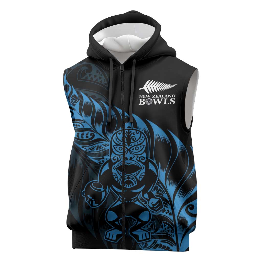 New Zealand Lawn Bowls Custom Sleeveless Zip Hoodie Blue Maori Warrior Tribal Silver Fern LT9 Blue - Polynesian Pride
