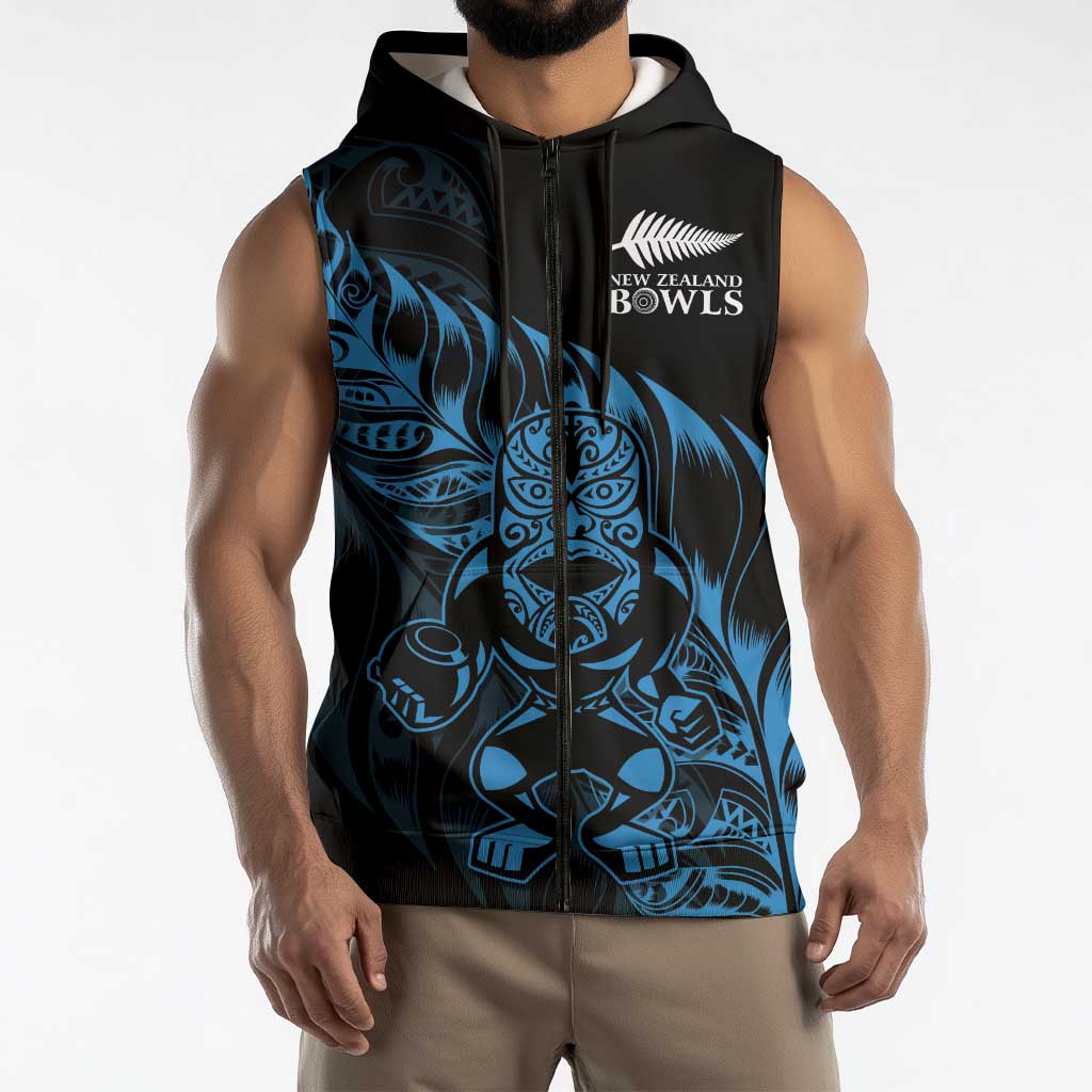 New Zealand Lawn Bowls Custom Sleeveless Zip Hoodie Blue Maori Warrior Tribal Silver Fern LT9 - Polynesian Pride