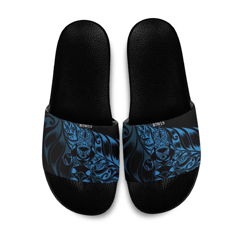 New Zealand Lawn Bowls Slide Sandals Blue Maori Warrior Tribal Silver Fern - Polynesian Pride