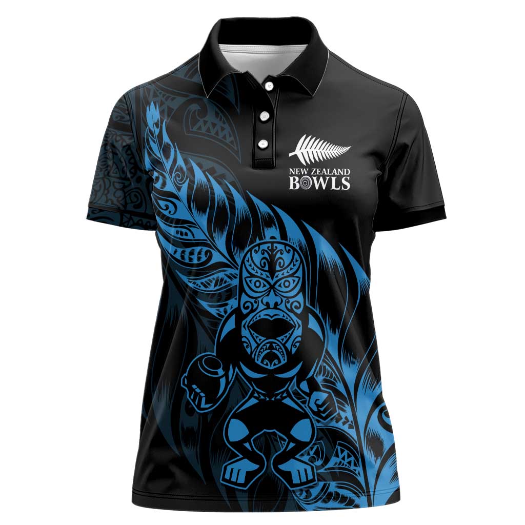 New Zealand Lawn Bowls Custom Women Polo Shirt Blue Maori Warrior Tribal Silver Fern - Polynesian Pride