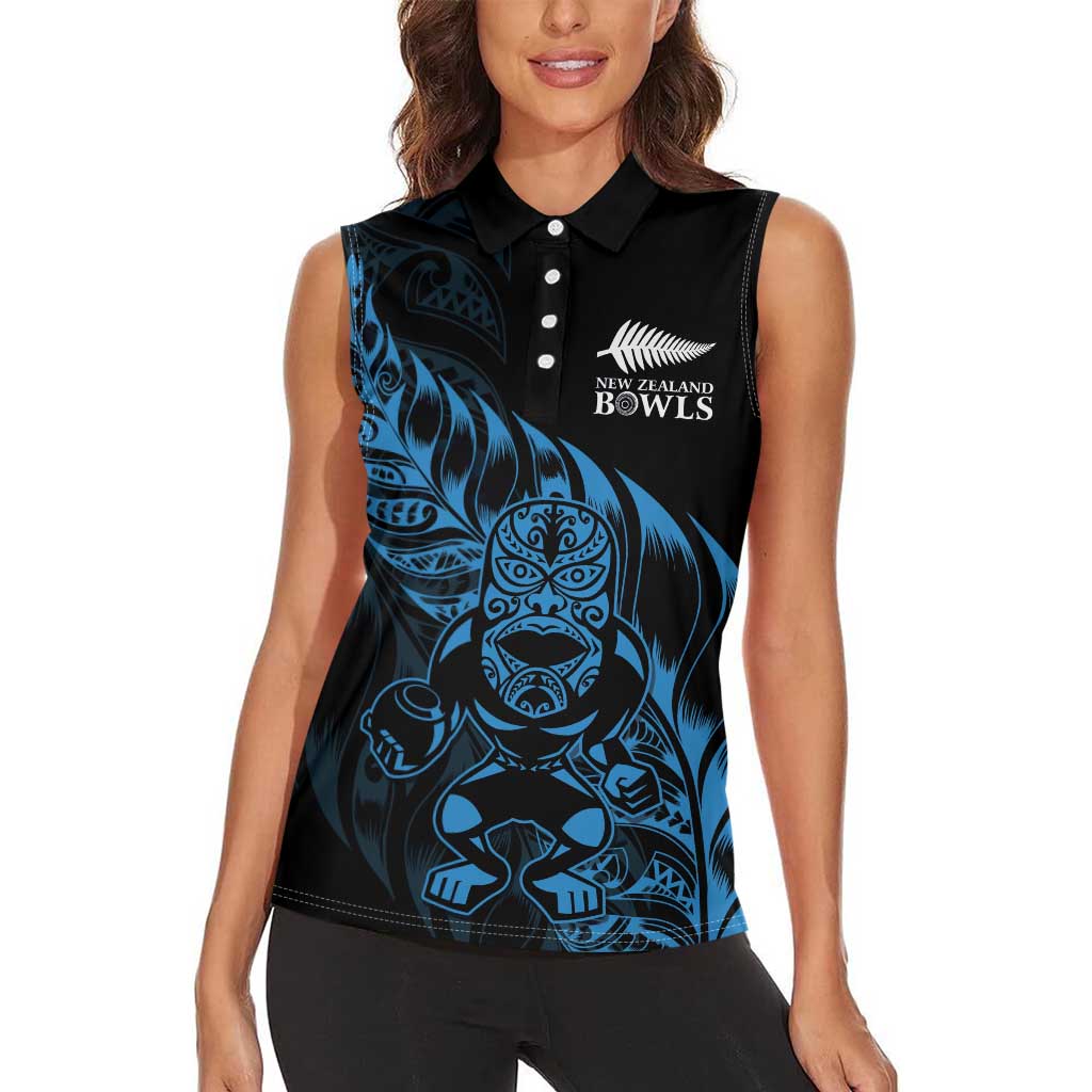 New Zealand Lawn Bowls Custom Women Sleeveless Polo Shirt Blue Maori Warrior Tribal Silver Fern - Polynesian Pride
