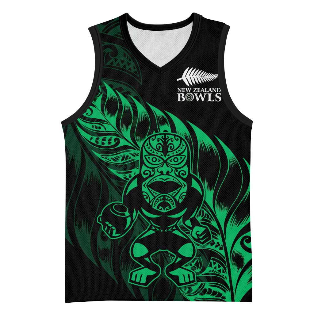 New Zealand Lawn Bowls Custom Basketball Jersey Green Maori Warrior Tribal Silver Fern - Polynesian Pride
