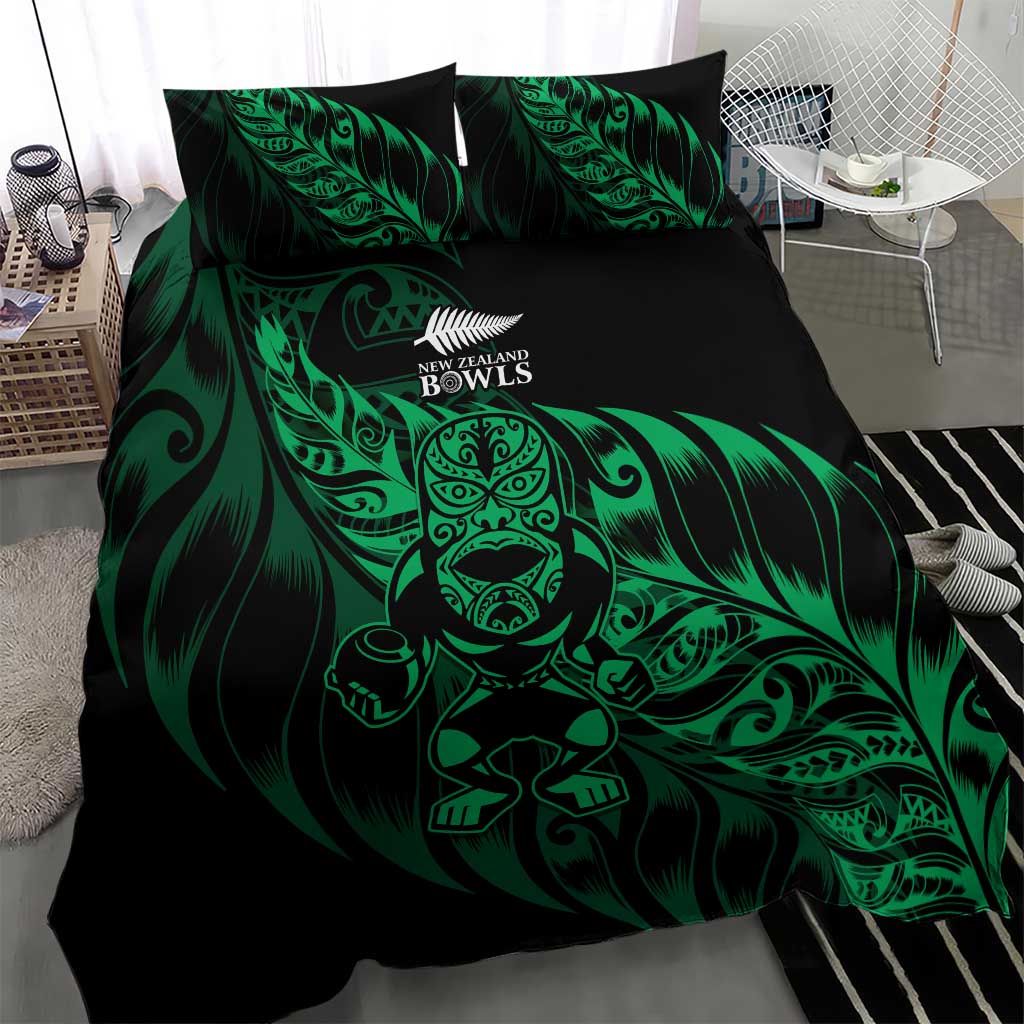 New Zealand Lawn Bowls Bedding Set Green Maori Warrior Tribal Silver Fern - Polynesian Pride