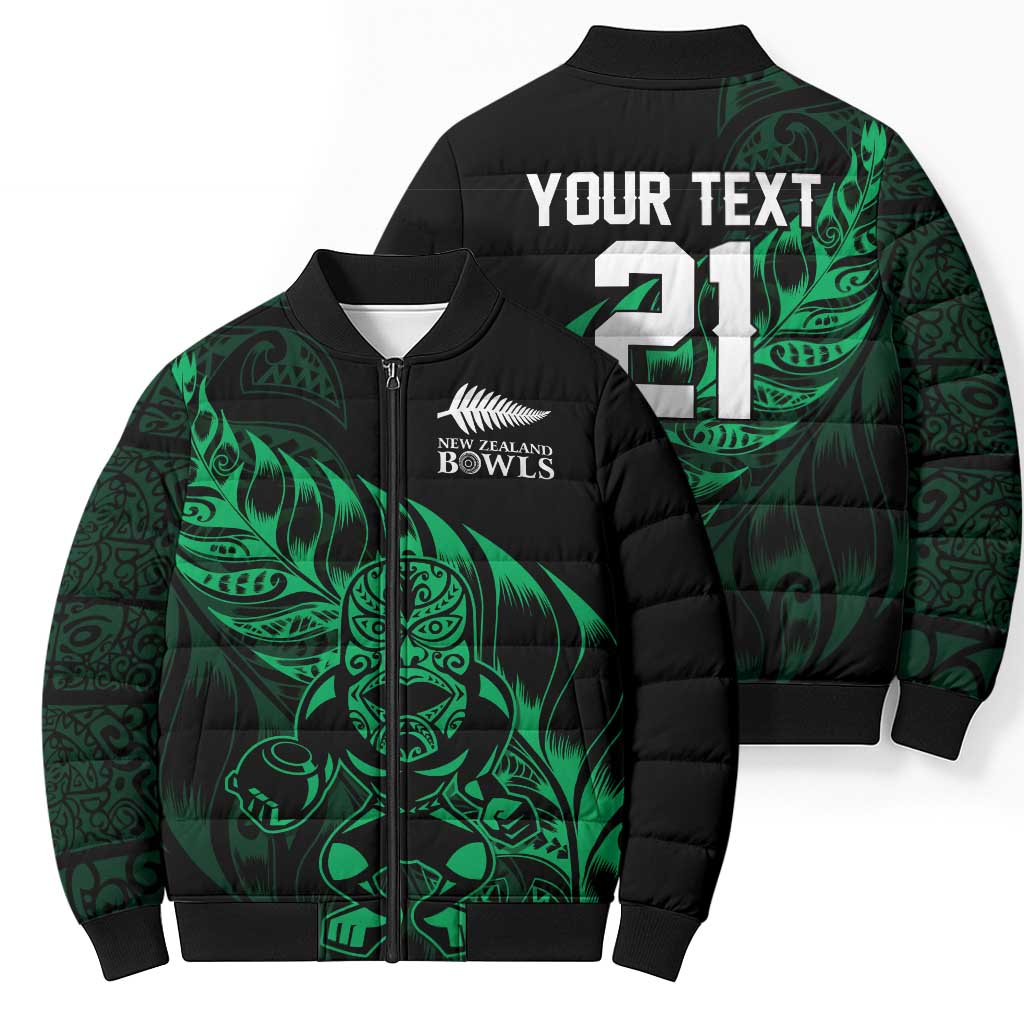 New Zealand Lawn Bowls Custom Bomber Puffer Jacket Green Maori Warrior Tribal Silver Fern - Polynesian Pride