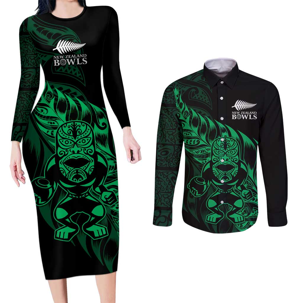 New Zealand Lawn Bowls Custom Couples Matching Long Sleeve Bodycon Dress and Long Sleeve Button Shirt Green Maori Warrior Tribal Silver Fern LT9 Green - Polynesian Pride