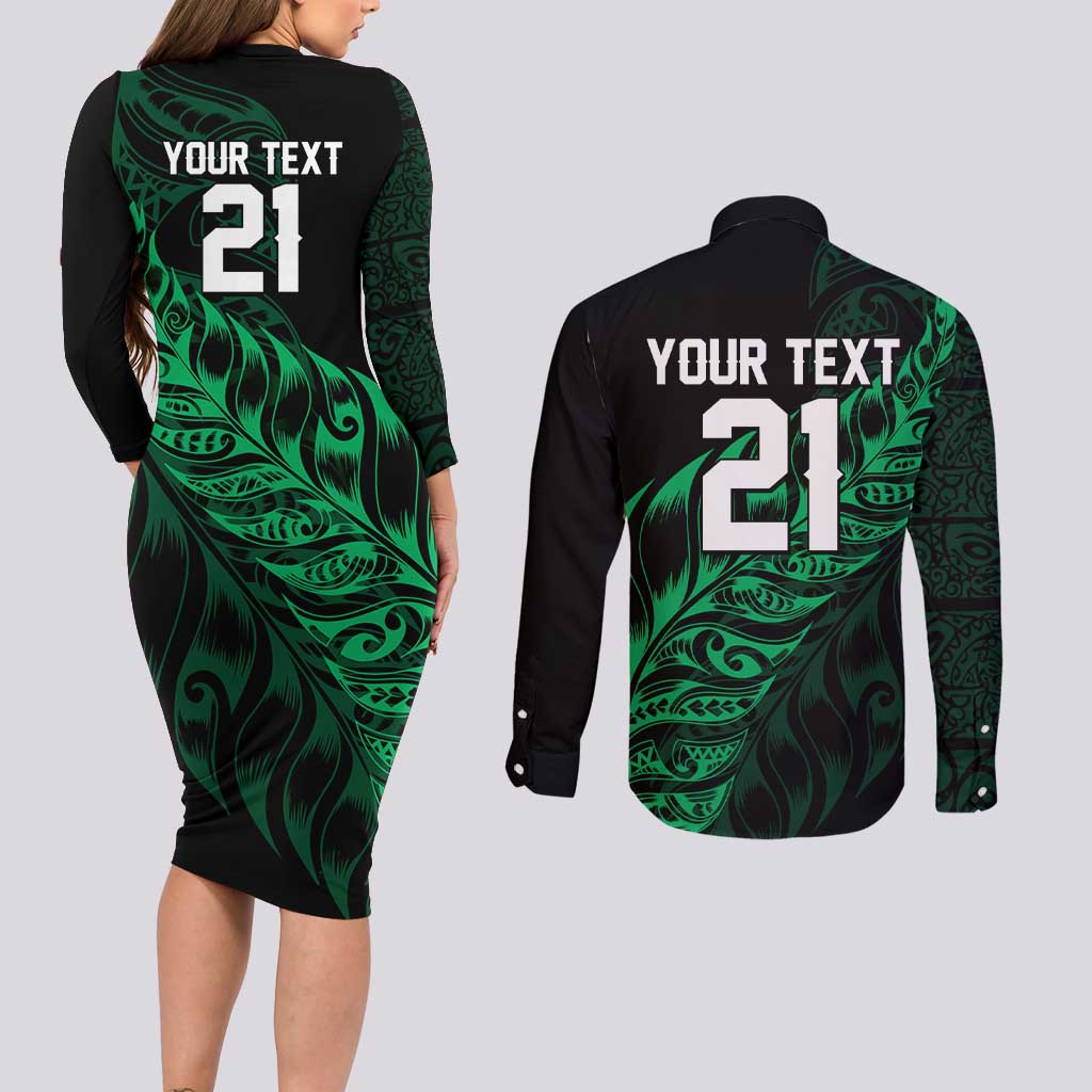 New Zealand Lawn Bowls Custom Couples Matching Long Sleeve Bodycon Dress and Long Sleeve Button Shirt Green Maori Warrior Tribal Silver Fern LT9 - Polynesian Pride