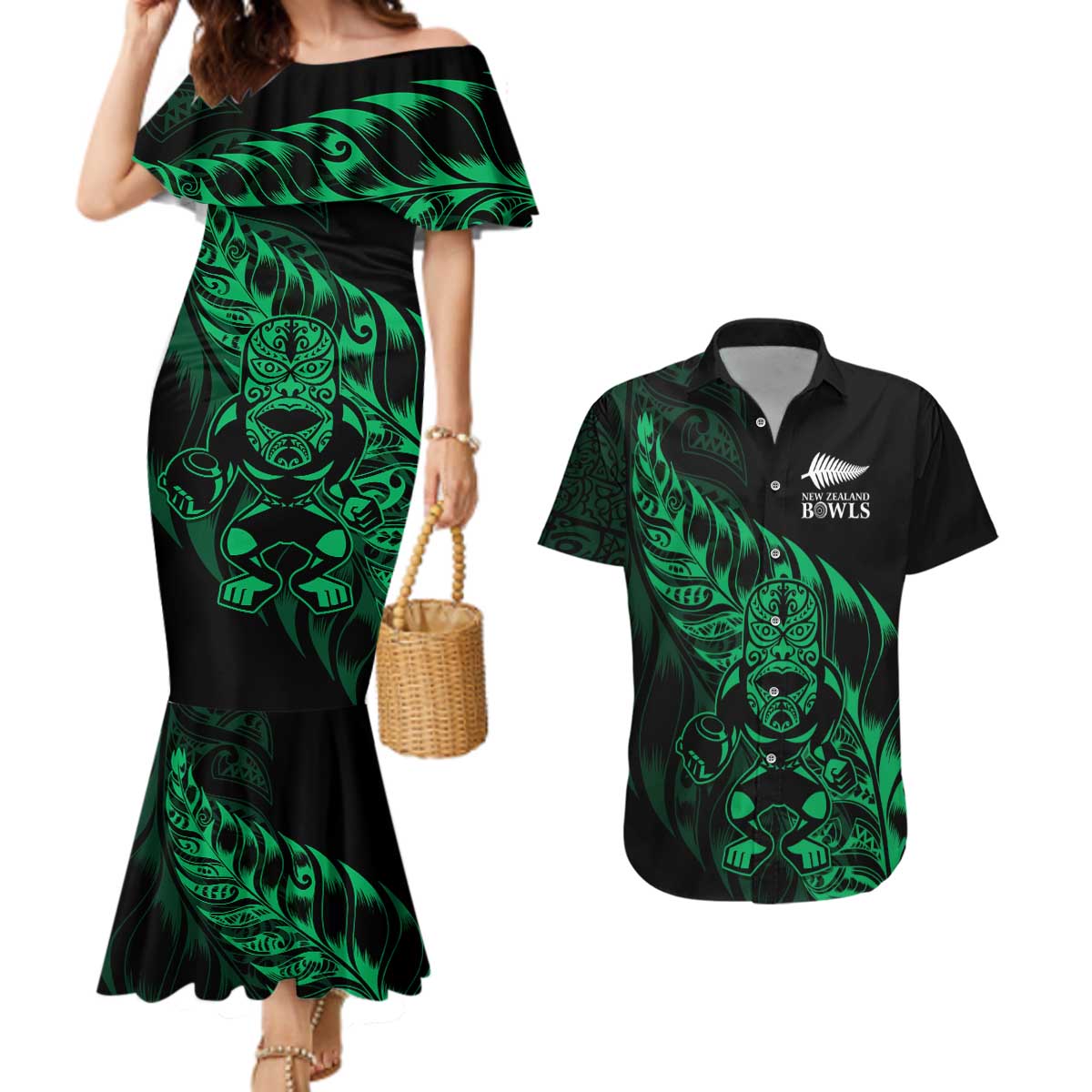 New Zealand Lawn Bowls Custom Couples Matching Mermaid Dress and Hawaiian Shirt Green Maori Warrior Tribal Silver Fern - Polynesian Pride