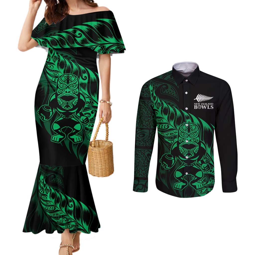 New Zealand Lawn Bowls Custom Couples Matching Mermaid Dress and Long Sleeve Button Shirt Green Maori Warrior Tribal Silver Fern LT9 Green - Polynesian Pride