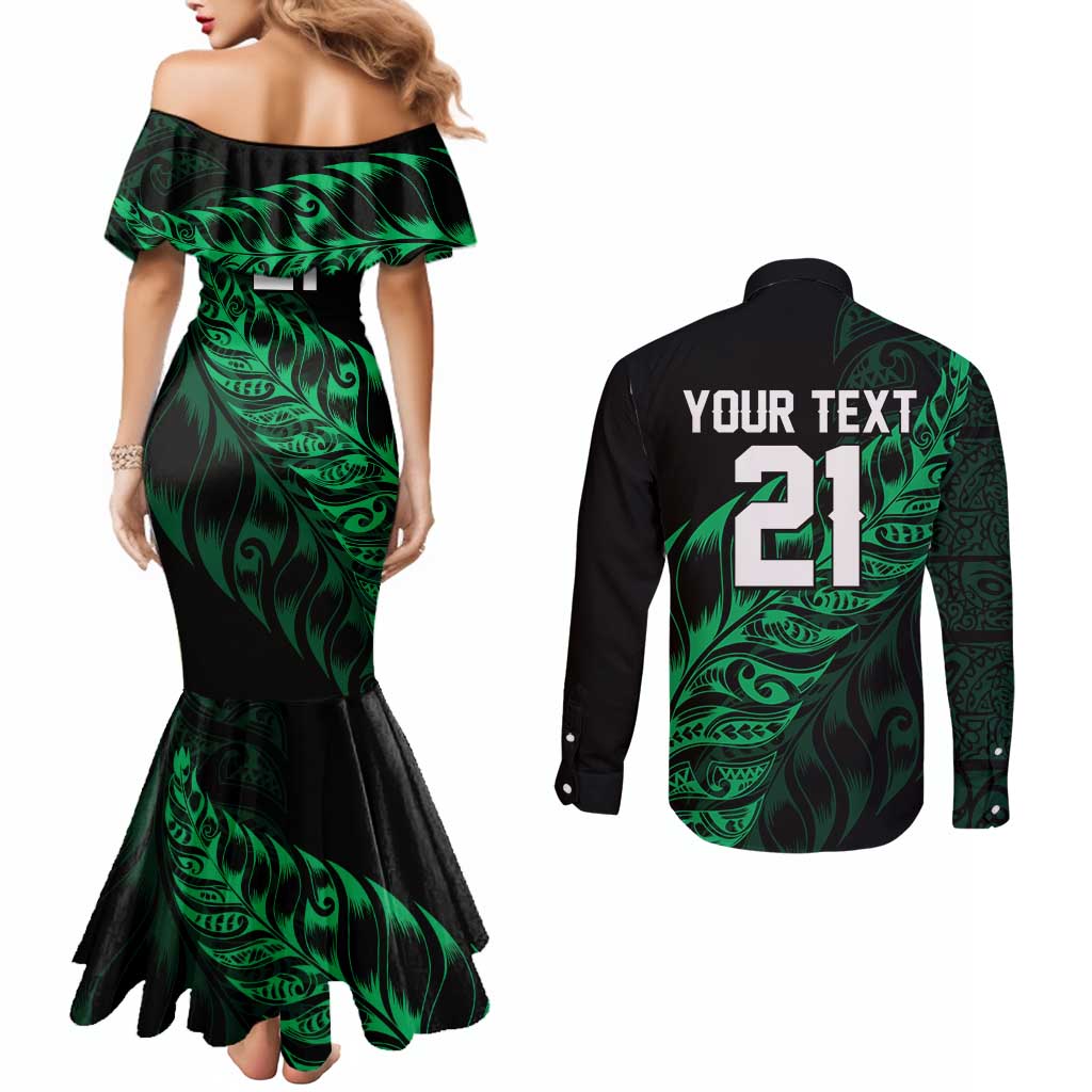 New Zealand Lawn Bowls Custom Couples Matching Mermaid Dress and Long Sleeve Button Shirt Green Maori Warrior Tribal Silver Fern LT9 - Polynesian Pride