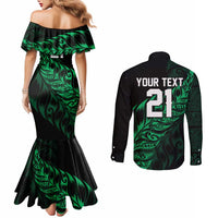 New Zealand Lawn Bowls Custom Couples Matching Mermaid Dress and Long Sleeve Button Shirt Green Maori Warrior Tribal Silver Fern LT9 - Polynesian Pride