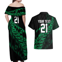 New Zealand Lawn Bowls Custom Couples Matching Off Shoulder Maxi Dress and Hawaiian Shirt Green Maori Warrior Tribal Silver Fern LT9 - Polynesian Pride