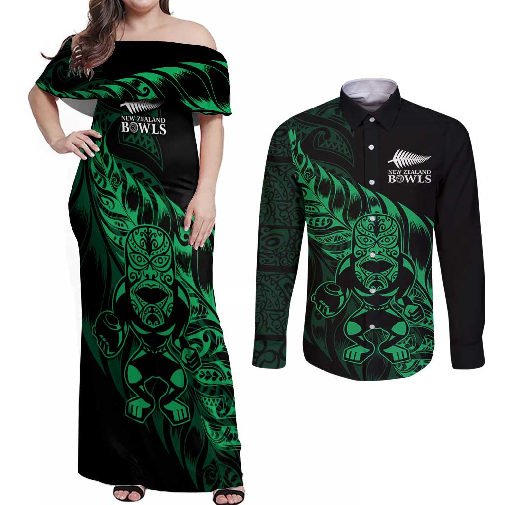 New Zealand Lawn Bowls Custom Couples Matching Off Shoulder Maxi Dress and Long Sleeve Button Shirt Green Maori Warrior Tribal Silver Fern LT9 Green - Polynesian Pride