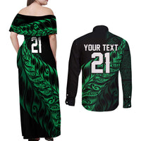 New Zealand Lawn Bowls Custom Couples Matching Off Shoulder Maxi Dress and Long Sleeve Button Shirt Green Maori Warrior Tribal Silver Fern LT9 - Polynesian Pride