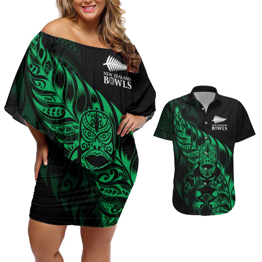 New Zealand Lawn Bowls Custom Couples Matching Off Shoulder Short Dress and Hawaiian Shirt Green Maori Warrior Tribal Silver Fern LT9 Green - Polynesian Pride