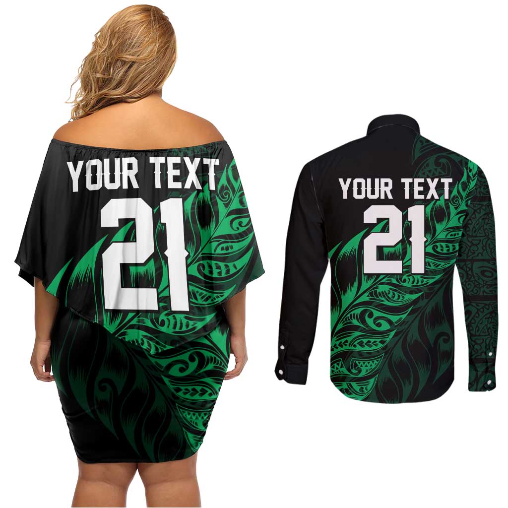 New Zealand Lawn Bowls Custom Couples Matching Off Shoulder Short Dress and Long Sleeve Button Shirt Green Maori Warrior Tribal Silver Fern LT9 - Polynesian Pride