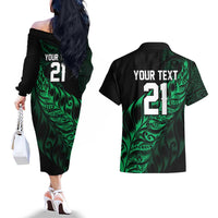 New Zealand Lawn Bowls Custom Couples Matching Off The Shoulder Long Sleeve Dress and Hawaiian Shirt Green Maori Warrior Tribal Silver Fern LT9 - Polynesian Pride