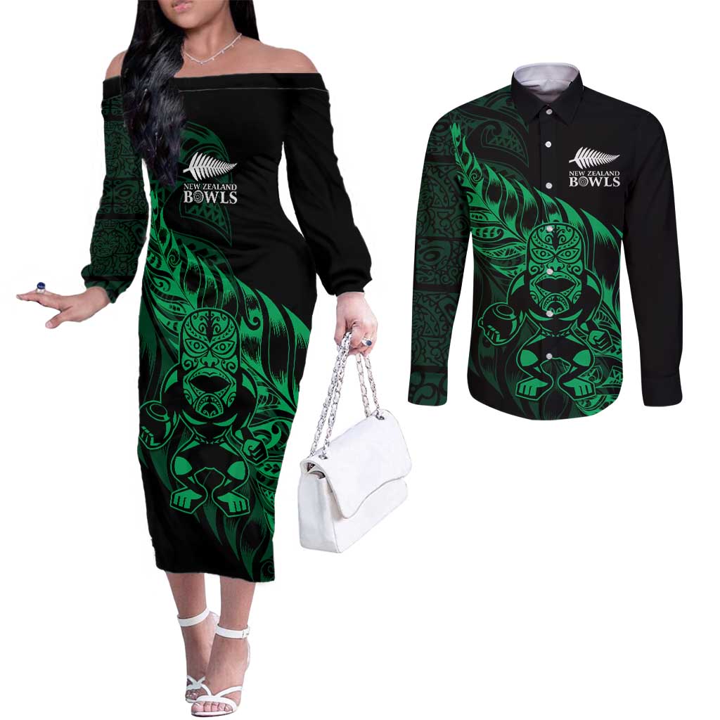 New Zealand Lawn Bowls Custom Couples Matching Off The Shoulder Long Sleeve Dress and Long Sleeve Button Shirt Green Maori Warrior Tribal Silver Fern LT9 Green - Polynesian Pride