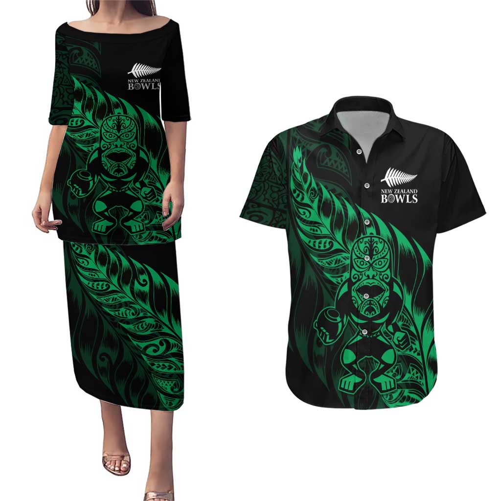 New Zealand Lawn Bowls Custom Couples Matching Puletasi and Hawaiian Shirt Green Maori Warrior Tribal Silver Fern LT9 Green - Polynesian Pride