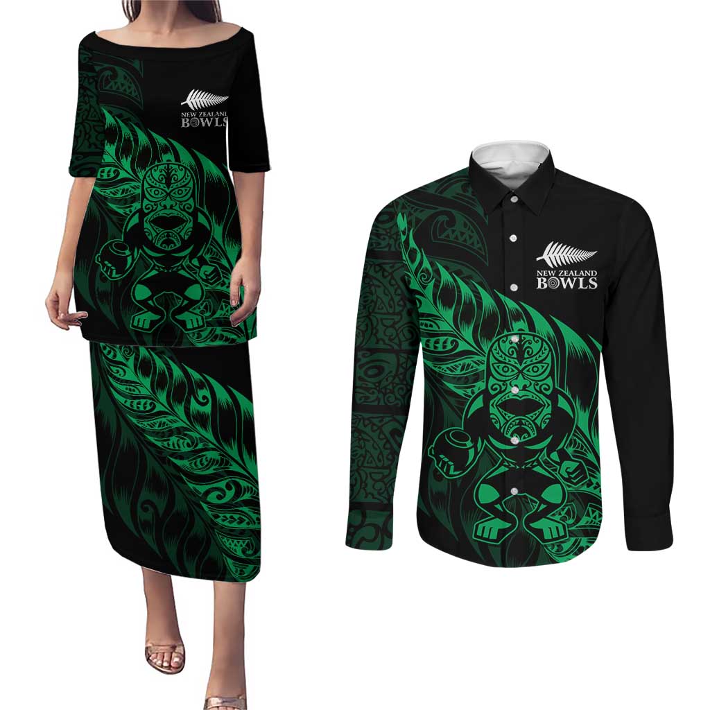 New Zealand Lawn Bowls Custom Couples Matching Puletasi and Long Sleeve Button Shirt Green Maori Warrior Tribal Silver Fern LT9 Green - Polynesian Pride