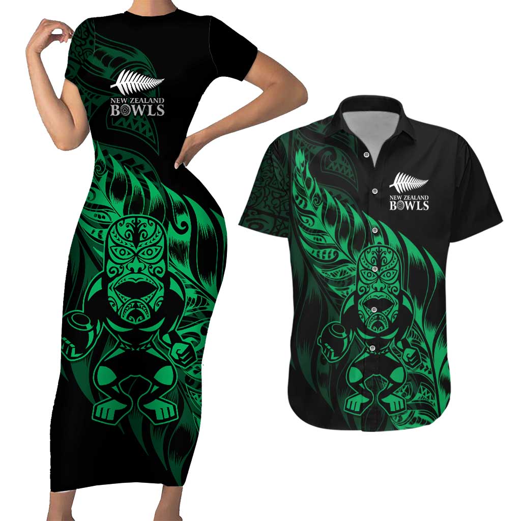 New Zealand Lawn Bowls Custom Couples Matching Short Sleeve Bodycon Dress and Hawaiian Shirt Green Maori Warrior Tribal Silver Fern LT9 Green - Polynesian Pride