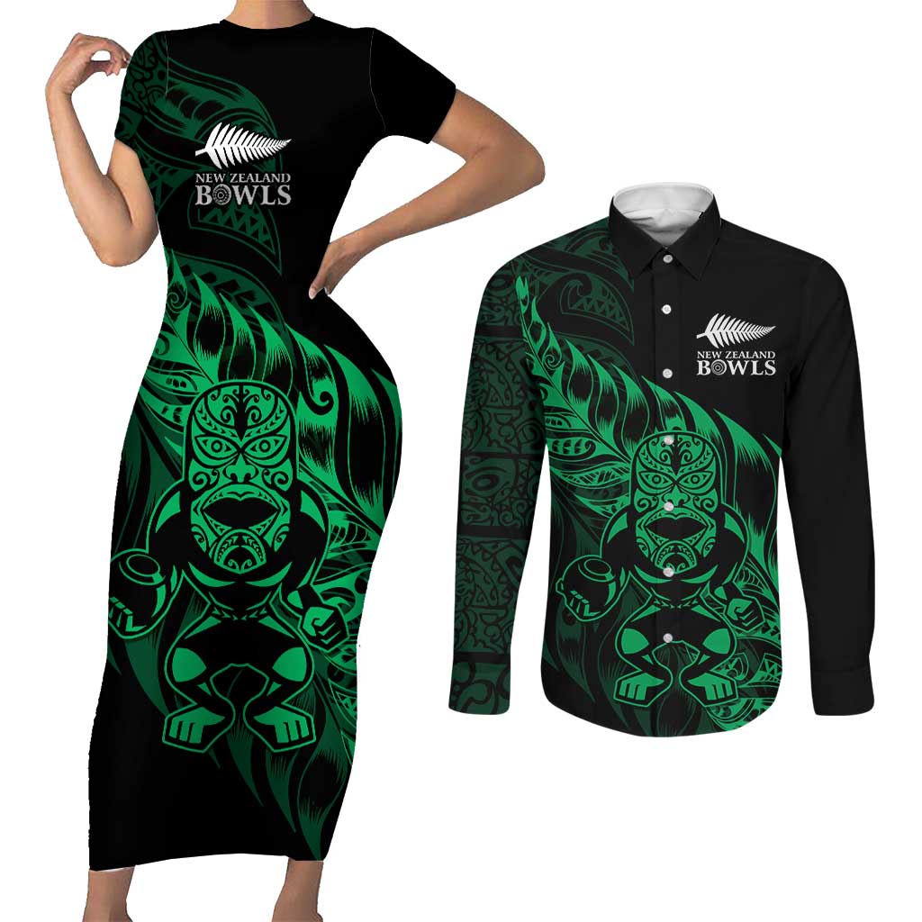 New Zealand Lawn Bowls Custom Couples Matching Short Sleeve Bodycon Dress and Long Sleeve Button Shirt Green Maori Warrior Tribal Silver Fern LT9 Green - Polynesian Pride