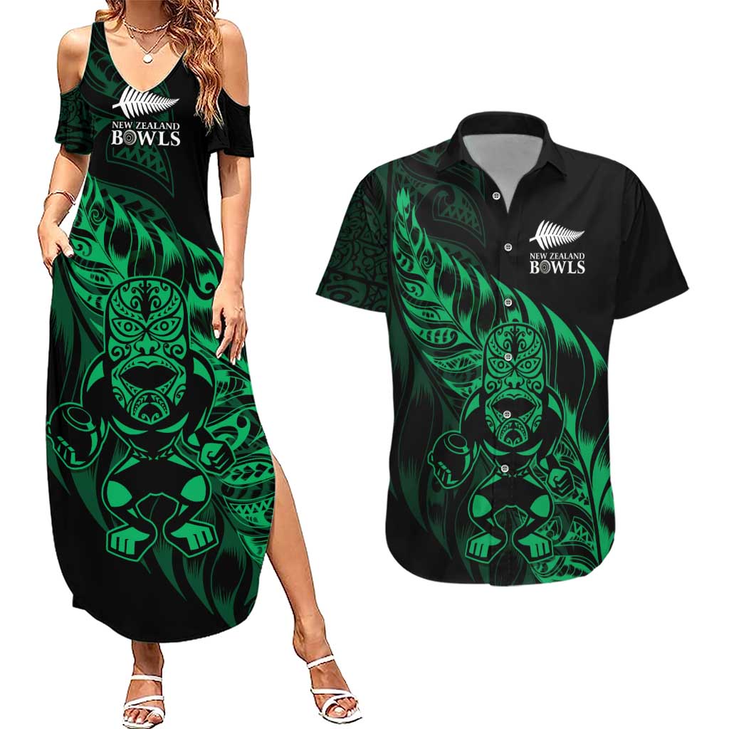 New Zealand Lawn Bowls Custom Couples Matching Summer Maxi Dress and Hawaiian Shirt Green Maori Warrior Tribal Silver Fern LT9 Green - Polynesian Pride