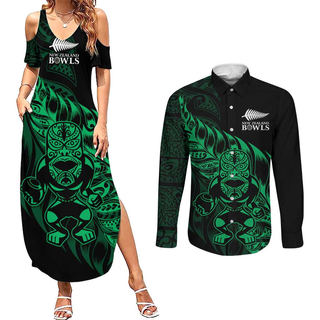 New Zealand Lawn Bowls Custom Couples Matching Summer Maxi Dress and Long Sleeve Button Shirt Green Maori Warrior Tribal Silver Fern LT9 Green - Polynesian Pride