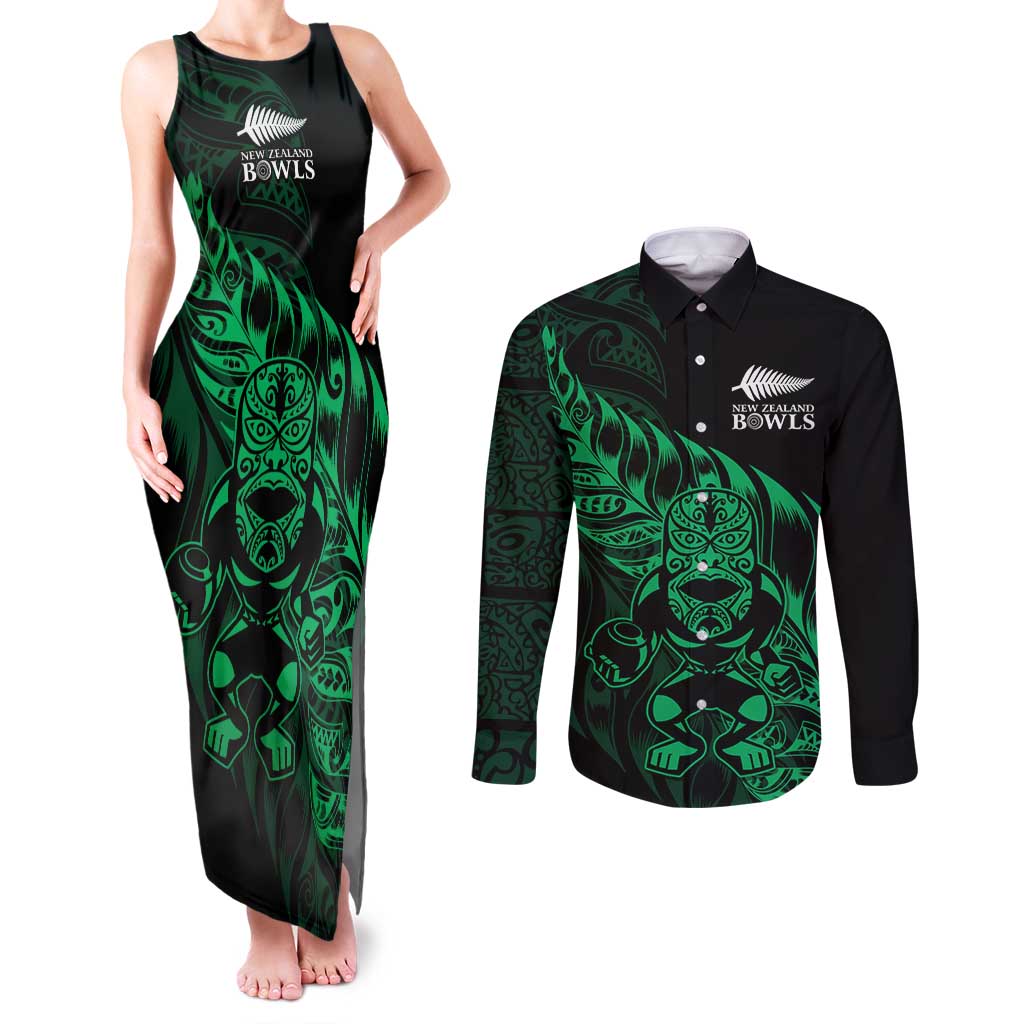 New Zealand Lawn Bowls Custom Couples Matching Tank Maxi Dress and Long Sleeve Button Shirt Green Maori Warrior Tribal Silver Fern LT9 Green - Polynesian Pride