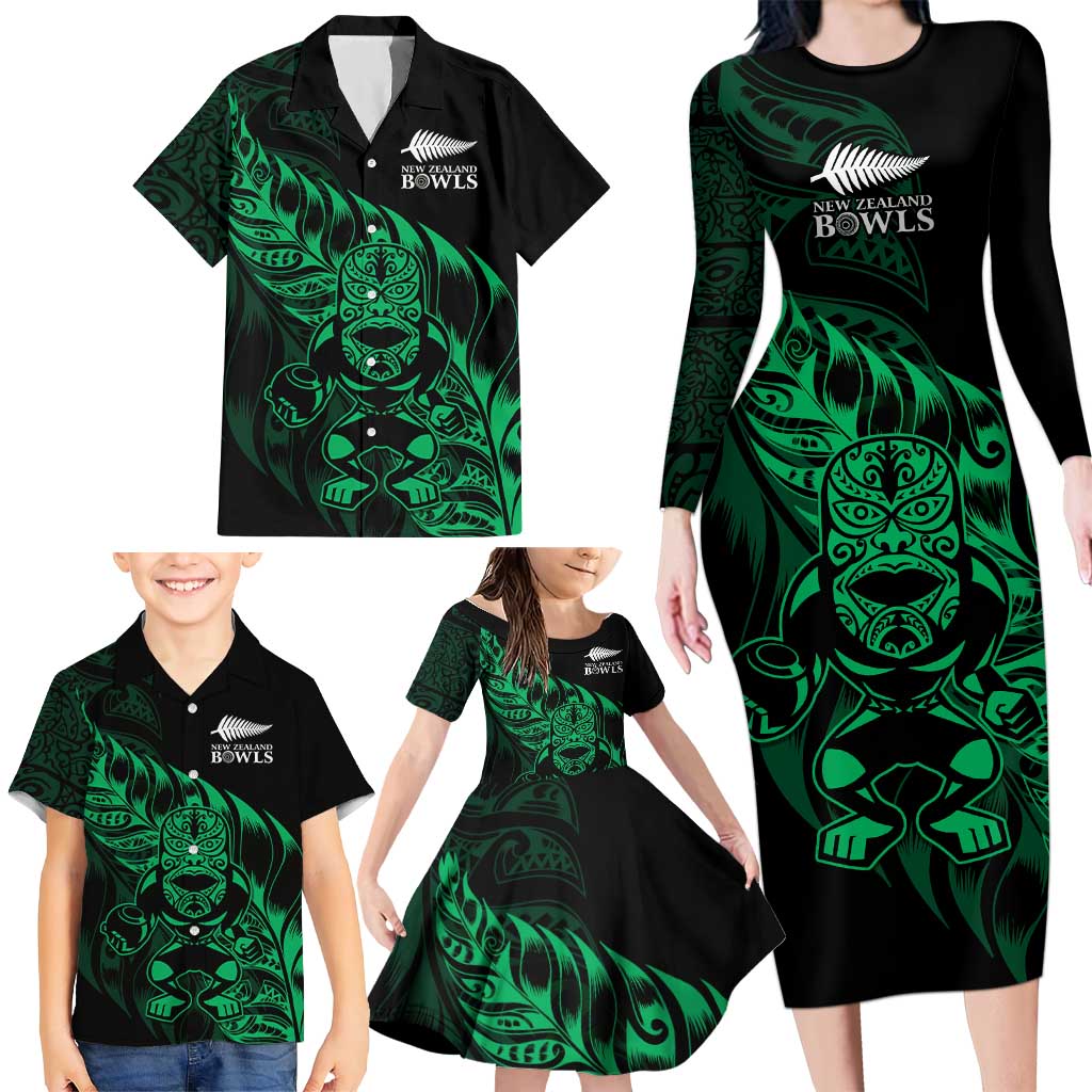 New Zealand Lawn Bowls Custom Family Matching Long Sleeve Bodycon Dress and Hawaiian Shirt Green Maori Warrior Tribal Silver Fern - Polynesian Pride