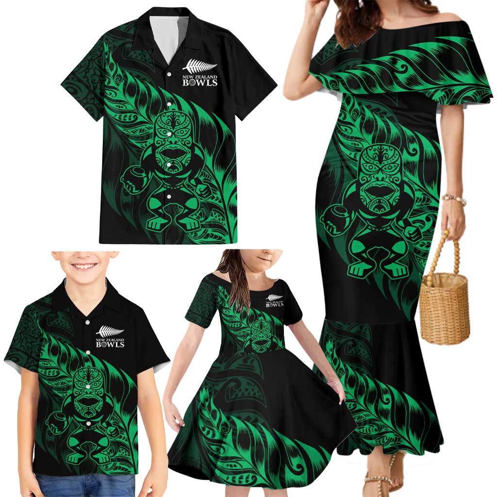 New Zealand Lawn Bowls Custom Family Matching Mermaid Dress and Hawaiian Shirt Green Maori Warrior Tribal Silver Fern LT9 - Polynesian Pride