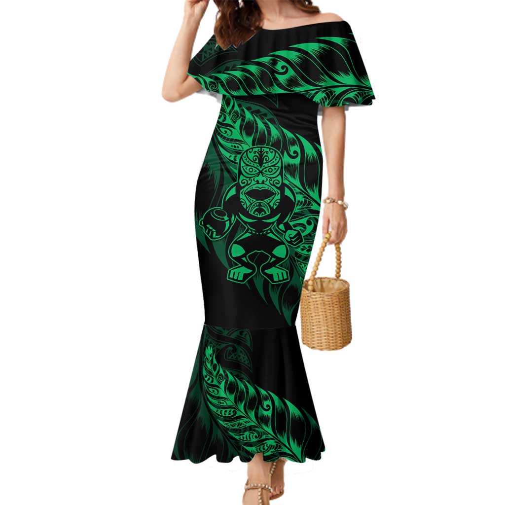 New Zealand Lawn Bowls Custom Family Matching Mermaid Dress and Hawaiian Shirt Green Maori Warrior Tribal Silver Fern LT9 Mom's Dress Green - Polynesian Pride