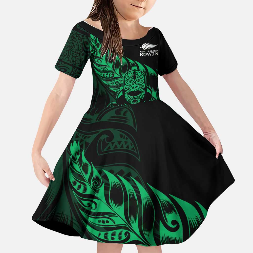 New Zealand Lawn Bowls Custom Family Matching Off Shoulder Maxi Dress and Hawaiian Shirt Green Maori Warrior Tribal Silver Fern LT9 Daughter's Dress Green - Polynesian Pride