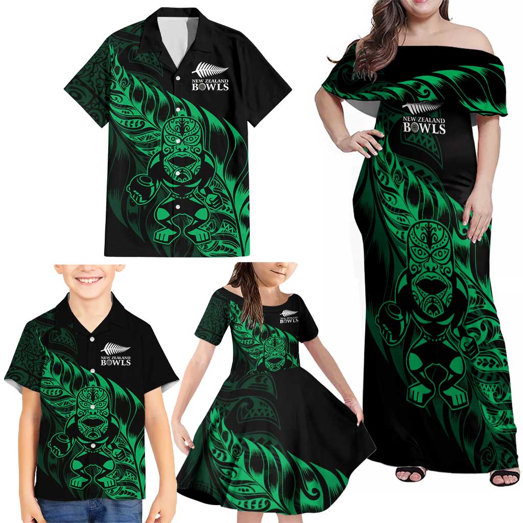 New Zealand Lawn Bowls Custom Family Matching Off Shoulder Maxi Dress and Hawaiian Shirt Green Maori Warrior Tribal Silver Fern LT9 - Polynesian Pride