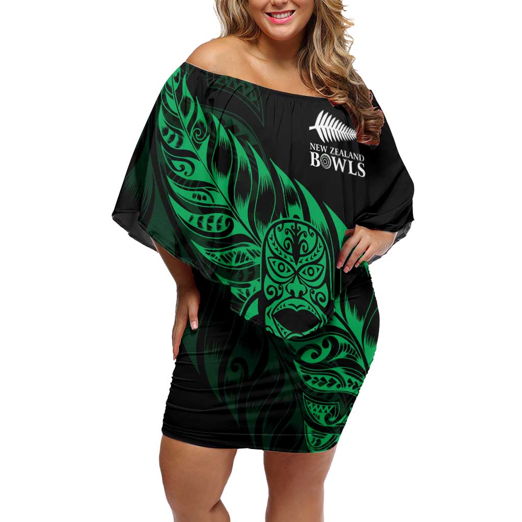 New Zealand Lawn Bowls Custom Family Matching Off Shoulder Short Dress and Hawaiian Shirt Green Maori Warrior Tribal Silver Fern LT9 Mom's Dress Green - Polynesian Pride