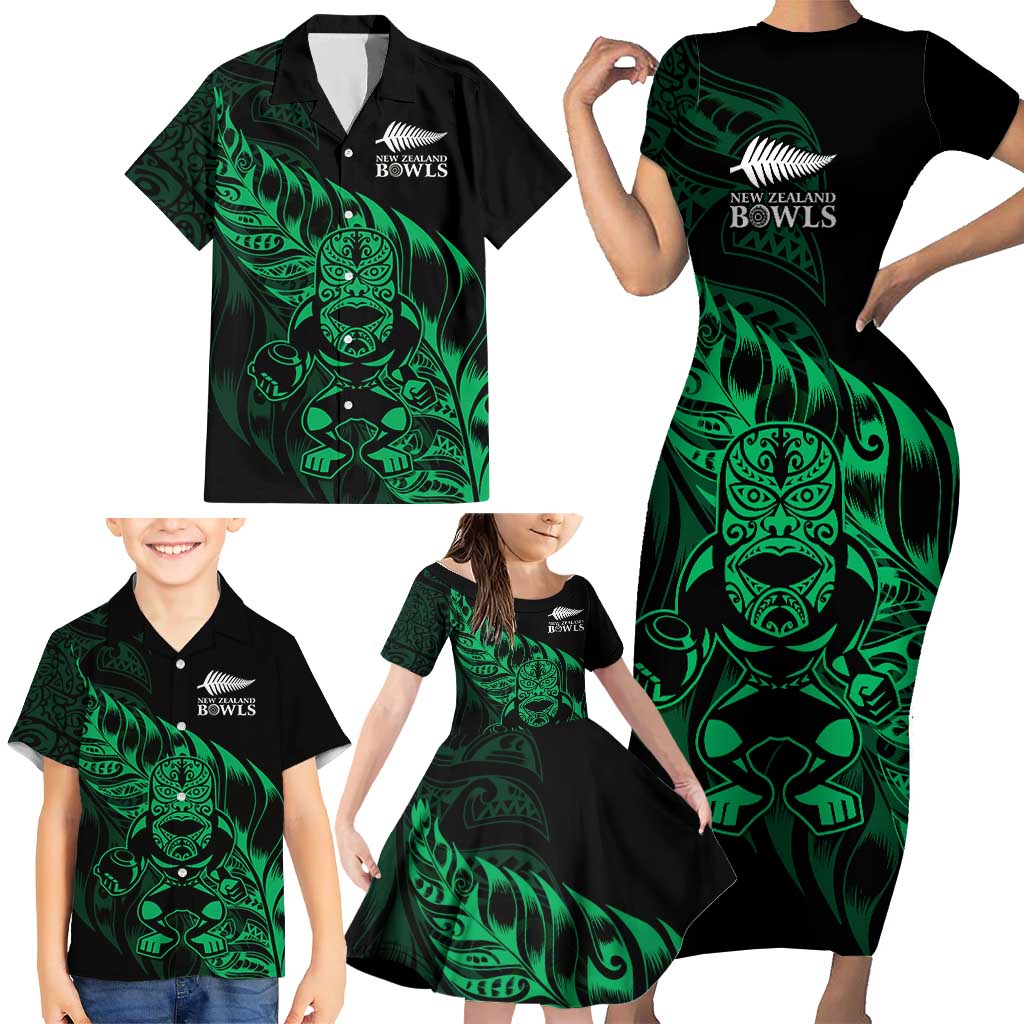 New Zealand Lawn Bowls Custom Family Matching Short Sleeve Bodycon Dress and Hawaiian Shirt Green Maori Warrior Tribal Silver Fern LT9 - Polynesian Pride