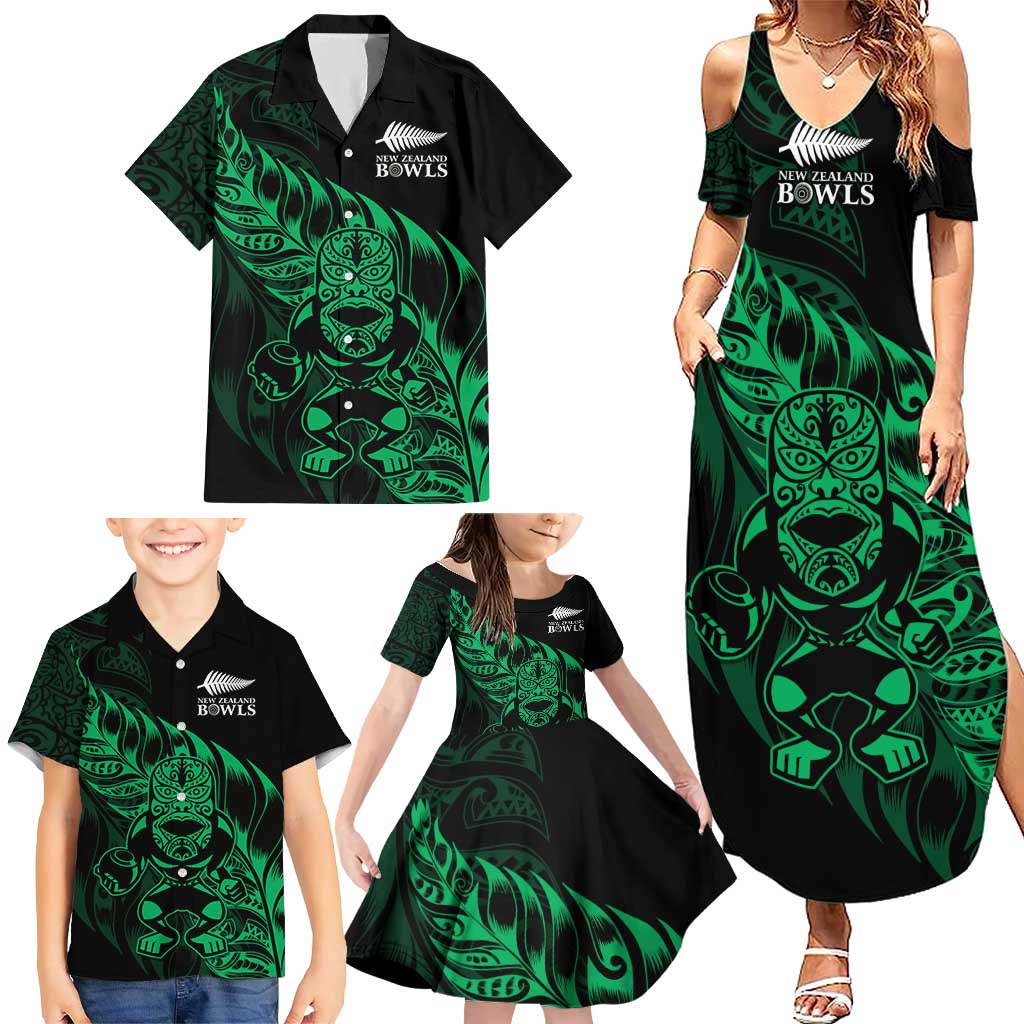 New Zealand Lawn Bowls Custom Family Matching Summer Maxi Dress and Hawaiian Shirt Green Maori Warrior Tribal Silver Fern LT9 - Polynesian Pride