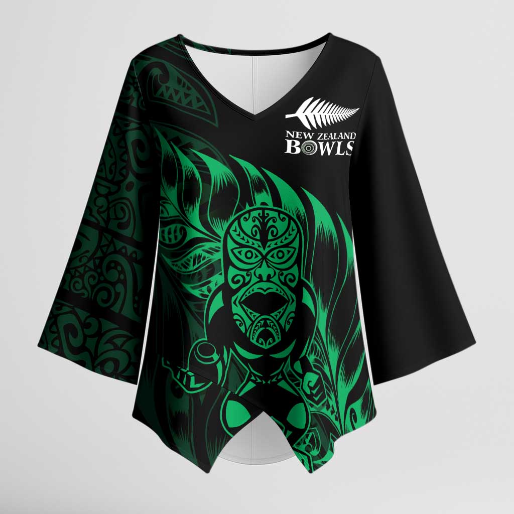 New Zealand Lawn Bowls Custom Kimono Sleeve Blouse Green Maori Warrior Tribal Silver Fern LT9 Female Green - Polynesian Pride